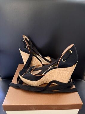 Michael Kors Black Espadrille Wedge Sandals with Ankle Wrap